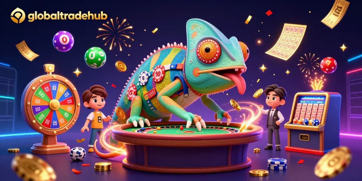 Engage with globaltradehub's casino magic as vibrant lottery elements and golden ticket confetti fly around in a dynamic gaming celebration.
