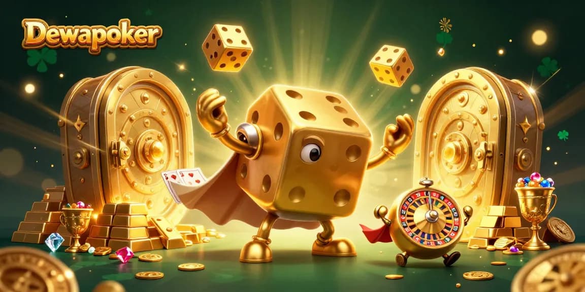 Dewapoker players engaging with a vibrant 3D illustration filled with golden treasures and casino elements.