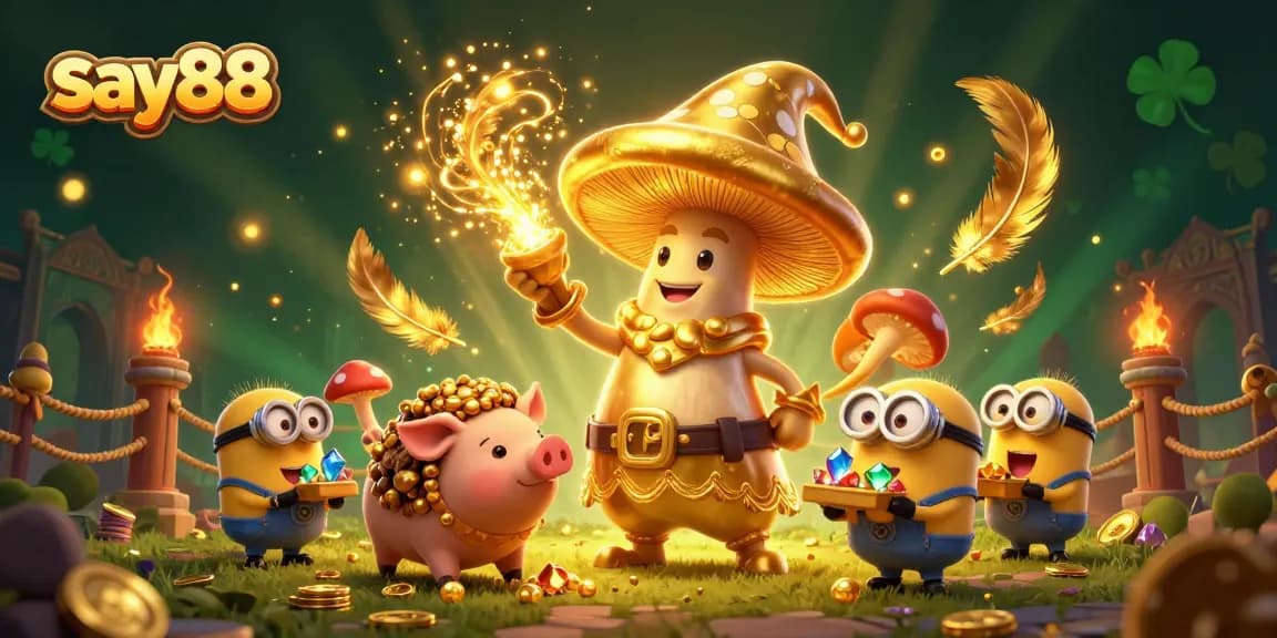 Experience the magic of say88 with an enchanting golden wizard and treasure-hunting pig amidst casino-themed chaos.
