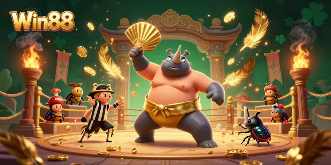 Win88 features a dynamic scene with a rhinoceros beetle champion sending coins flying in a lively casino atmosphere.
