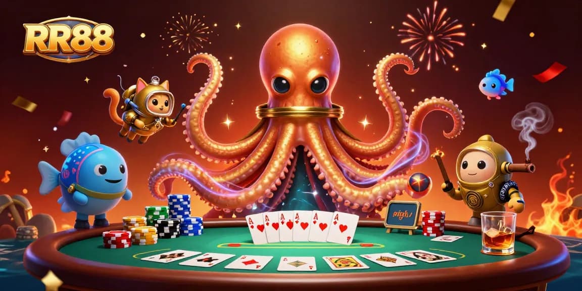 RR88 showcases an exciting casino scene with a kraken, diving cat, and poker elements.
