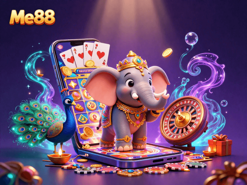 Experience the excitement of Me88 with vibrant scenes of colorful games and rewards.