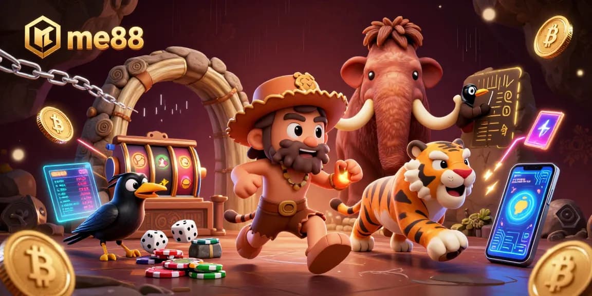 Experience the excitement of me88 with a surreal casino scene featuring a caveman and sabertooth tiger.
