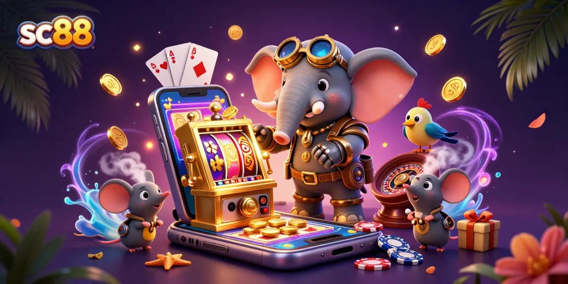 Engage with sc88's vibrant gaming scene featuring a steampunk elephant and slot machine illustrations.