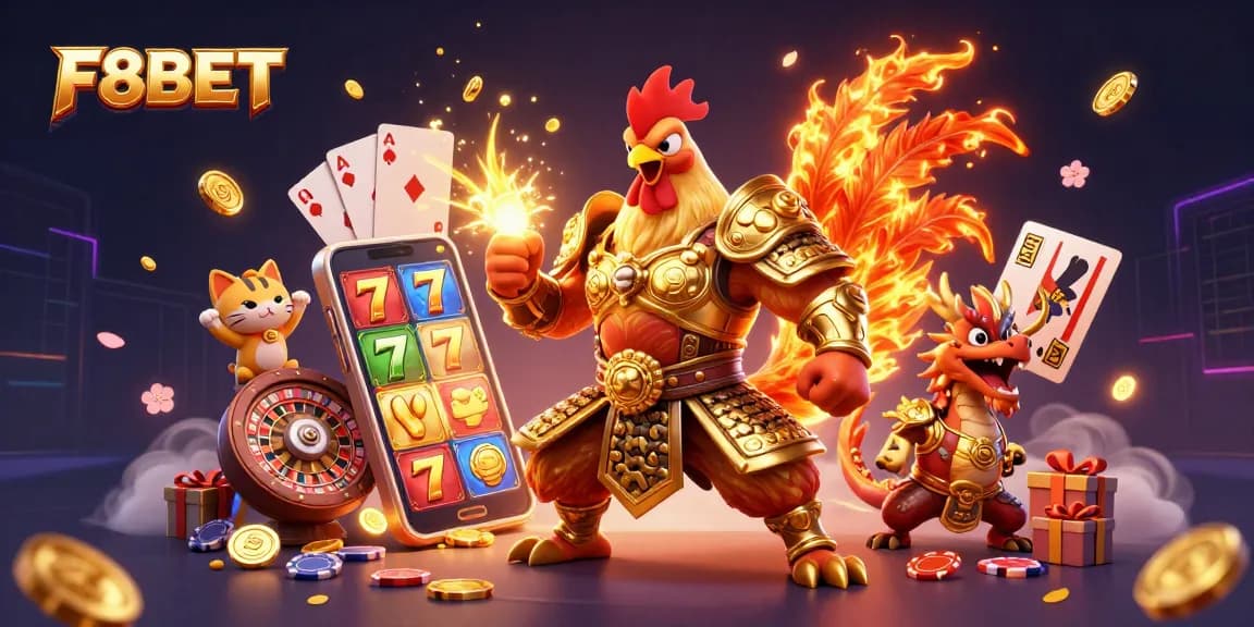 F8BET offers thrilling gameplay with a dynamic rooster warrior, an armored dragon, and exciting slot game elements.