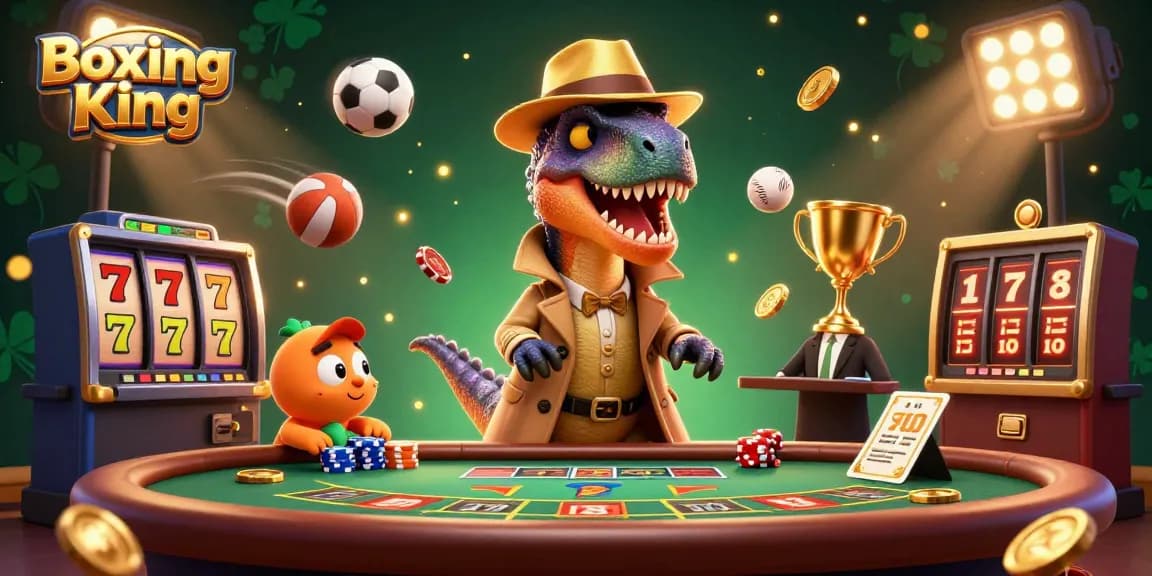 Experience the thrilling action of Boxing King as a velociraptor card counter amidst dynamic casino elements.