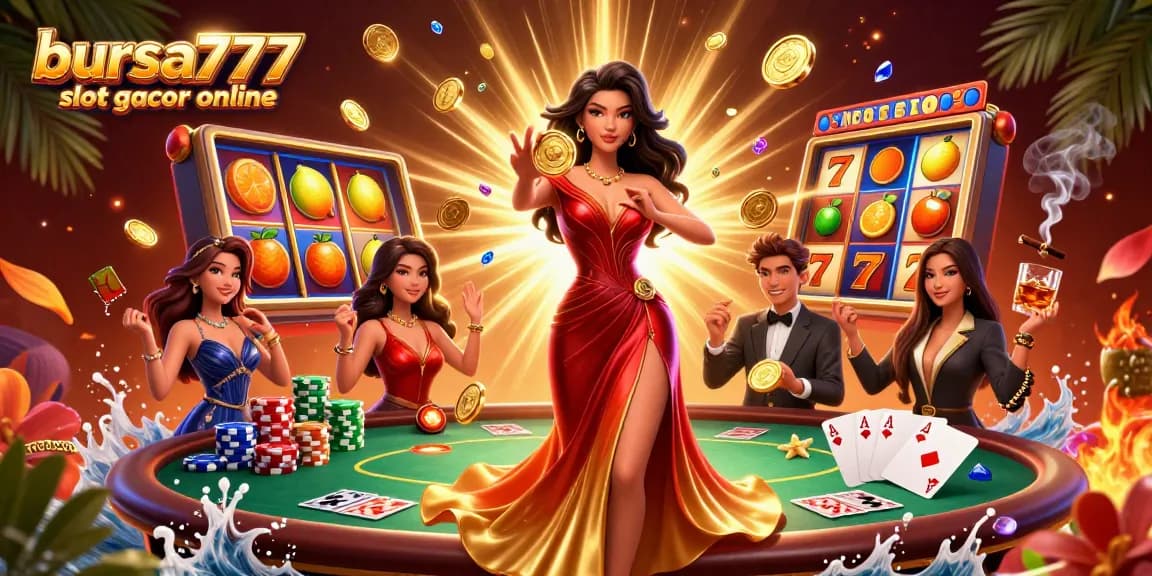 Bursa777 slot gacor online showcasing a stunning Asian woman holding a golden coin amidst slot reels and vibrant casino elements.