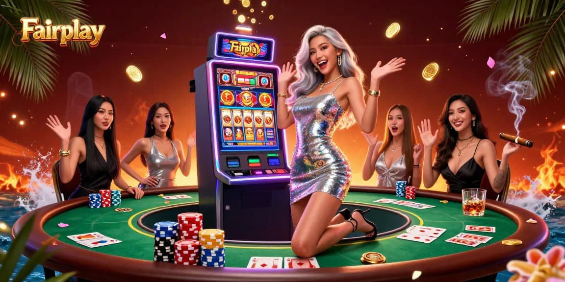 Celebrate Fairplay with a jackpot scene featuring a glamorous Asian woman and vibrant casino elements.