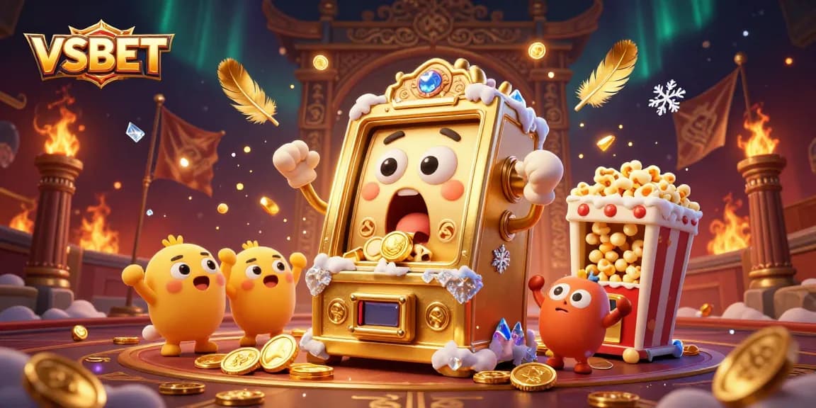 Experience the thrilling VSBET slot machine jackpot in a vibrant casino scene with cheering machines and golden coins.