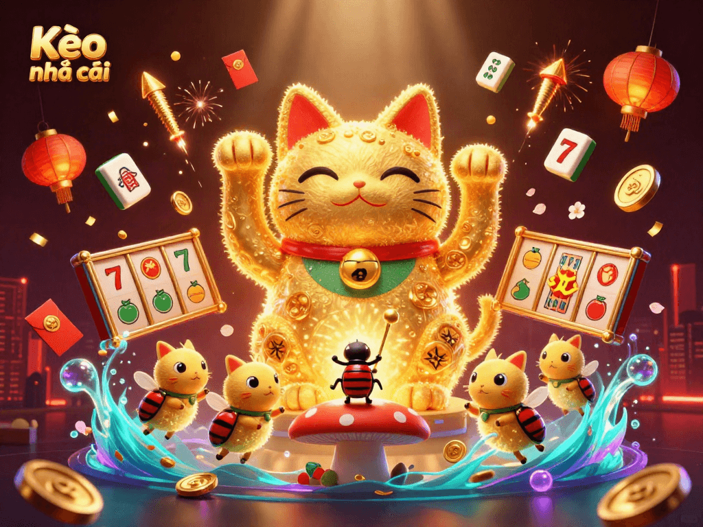 Kèo nhà cái showcases a vibrant 3D scene with a lucky cat and dazzling gambling elements in a casino setting.