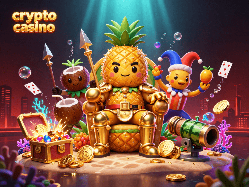 Engage with the colorful crypto casino scene featuring golden pineapple king and dynamic game elements.