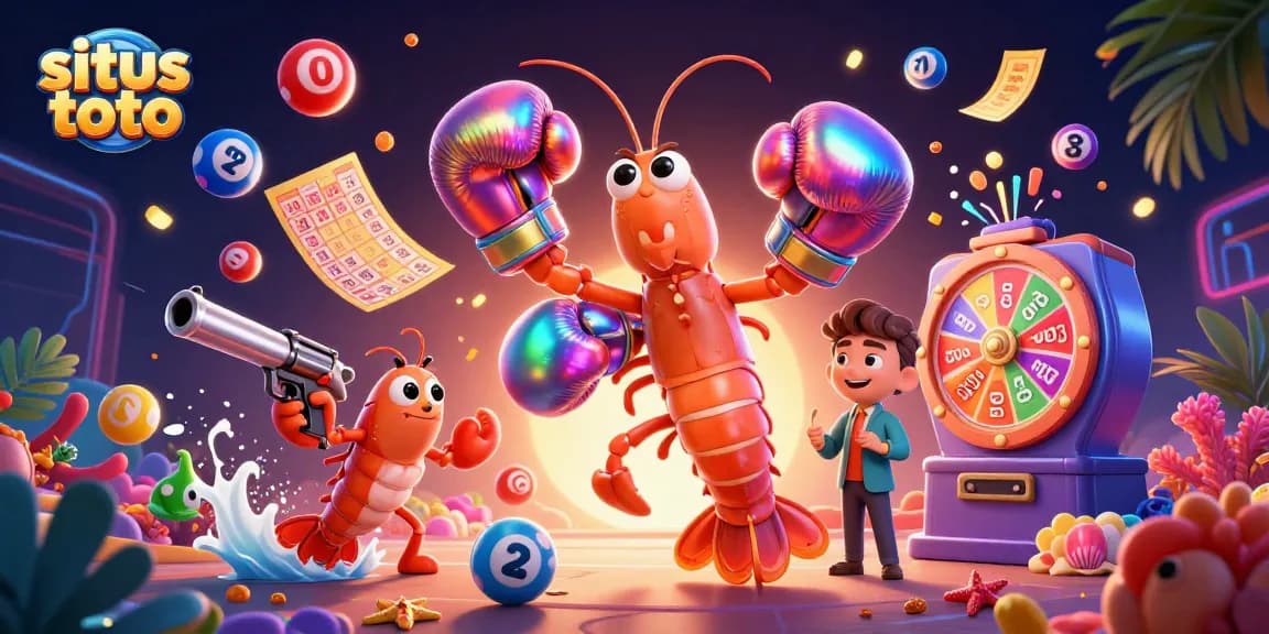 Engage with situs toto lottery excitement through vibrant cartoon shrimp characters and dynamic gaming elements.