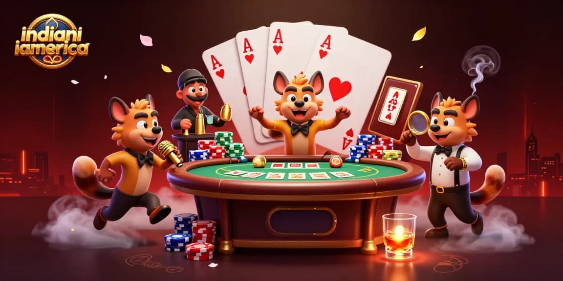 Hyenas in a comedy casino scene promoting indianiamerica with vibrant casino elements.