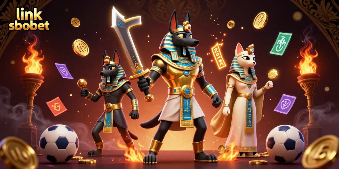 Engage in thrilling sports betting with link sbobet, featuring Anubis and Bastet amidst vibrant game elements.