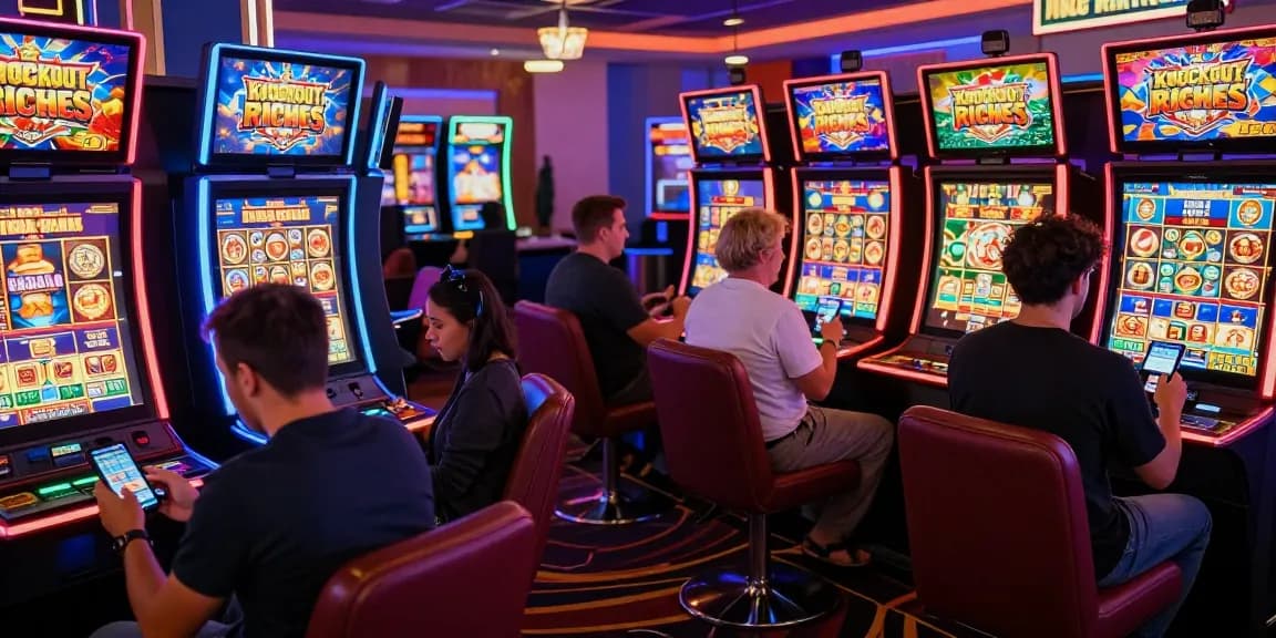 Engaging scene of players enjoying Knockout Riches slot games in a vibrant online casino atmosphere with colorful lights and excitement.
