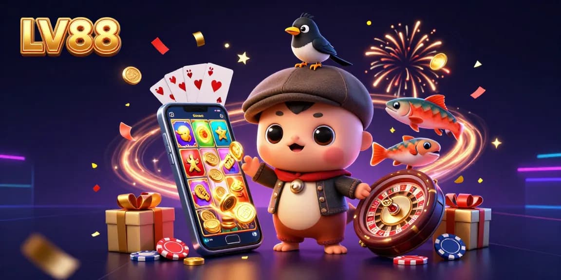 Play and win at LV88 with a vibrant scene featuring engaging characters and immersive casino elements.