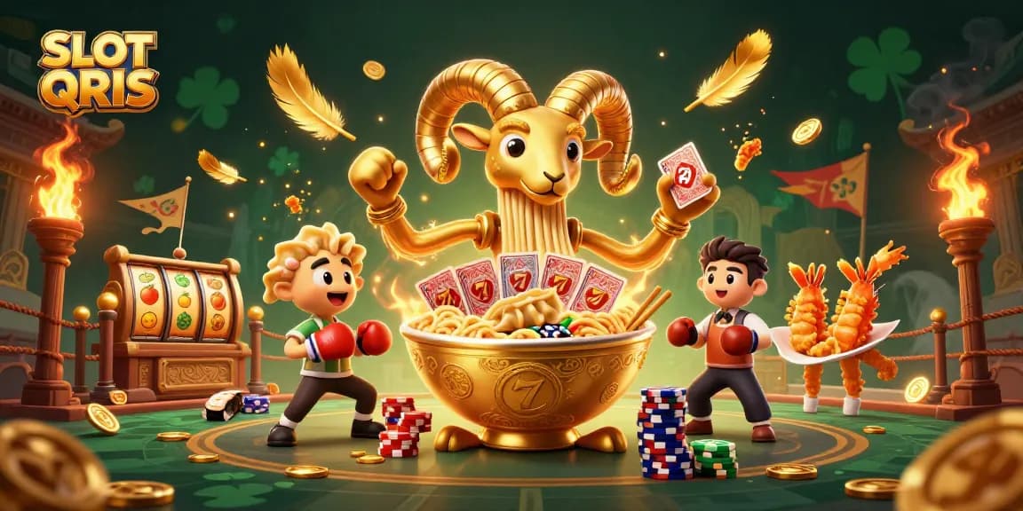 Engage with SLOT QRIS through an electrifying scene of gold-themed characters and dynamic gambling elements.