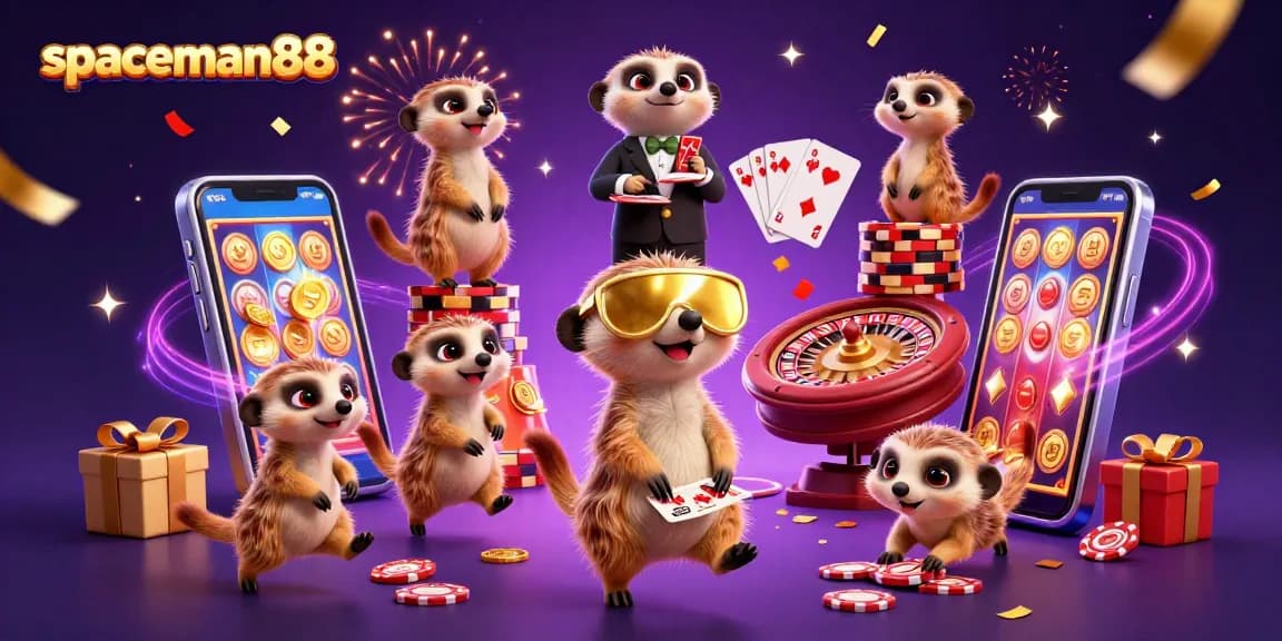 Engage with spaceman88 in a vibrant casino scene featuring meerkats, colorful slot games, and dynamic gameplay.