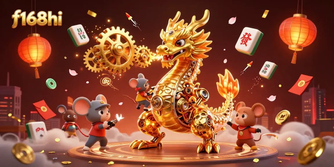 Experience the exhilarating gaming world of f168hi with a golden dragon juxtaposed against festive elements.