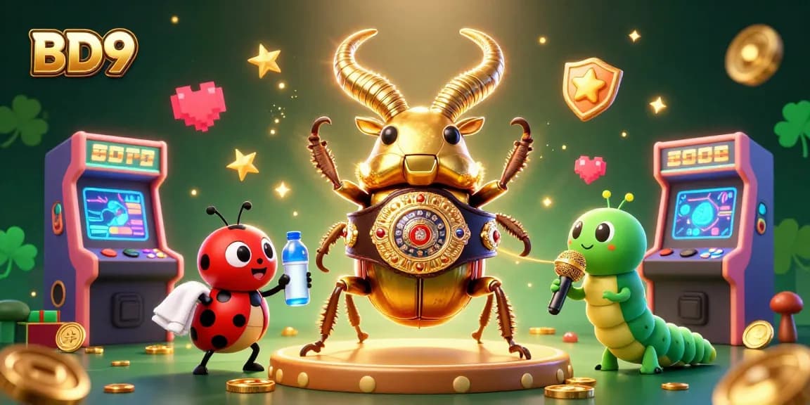 Experience thrilling gaming at BD9 with a dynamic scene of arcade games and playful characters.