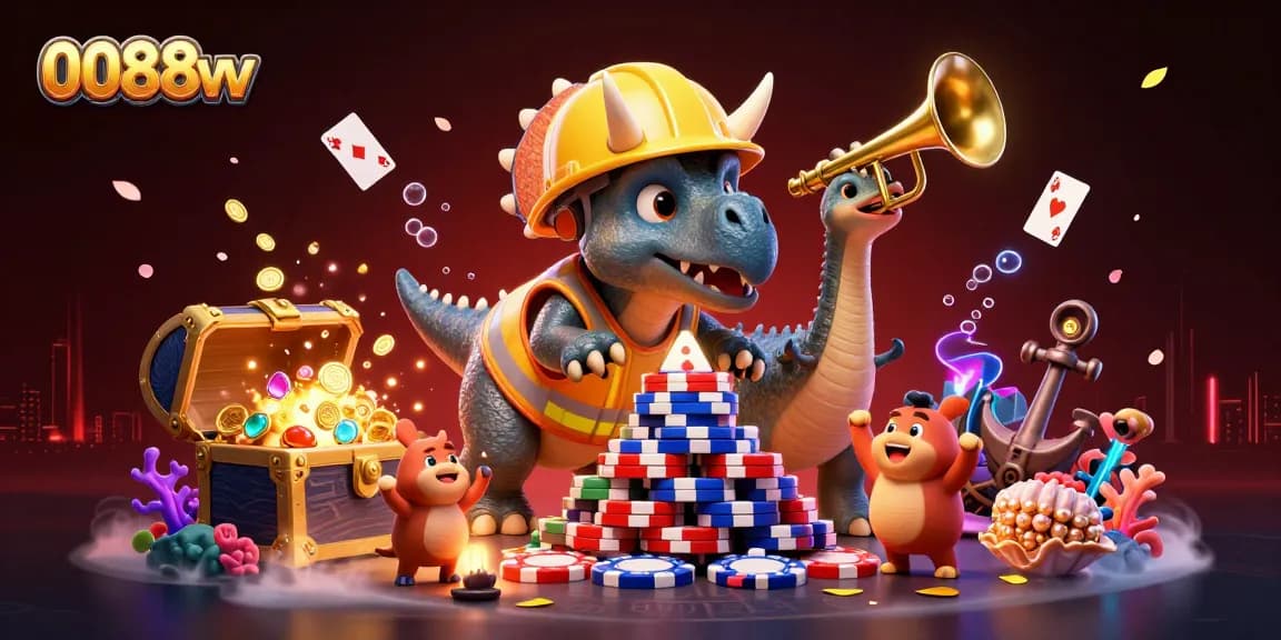 Engage with 0088vv's vibrant casino atmosphere, featuring a triceratops building a poker chip pyramid.
