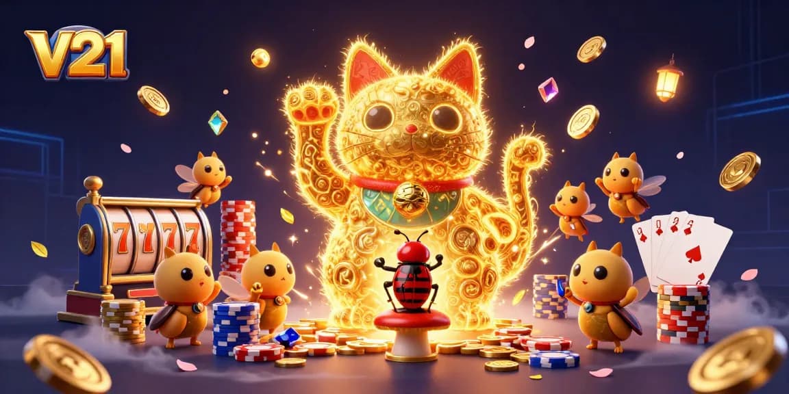 Mengakses situs v21 dengan simbol cat keberuntungan dan unsur slot yang menarik.