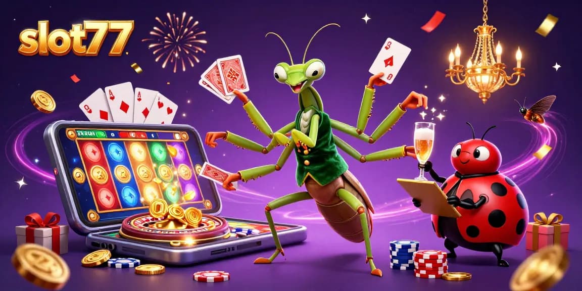 Pemain slot777 memutar gulungan dengan keberuntungan, dikelilingi oleh koin emas dan kartu kemenangan.