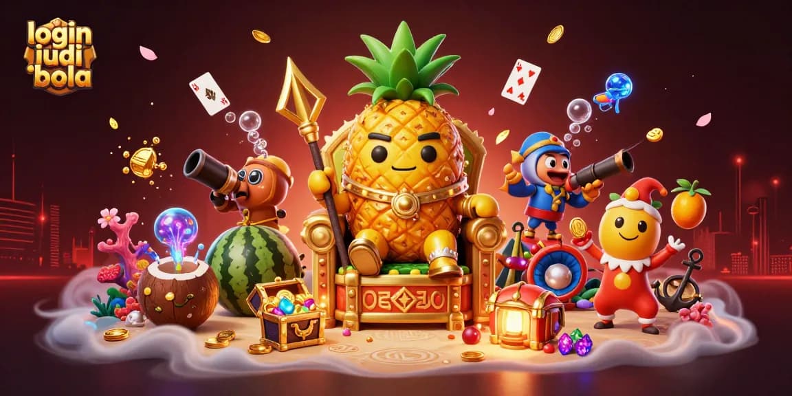 Engage in thrilling action with login judi bola at a vibrant beach casino scene featuring a golden pineapple king.