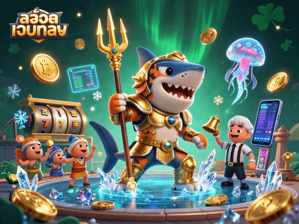 Engage in thrilling สล็อตเว็บตรง gameplay with a fierce tiger shark in gladiator armor