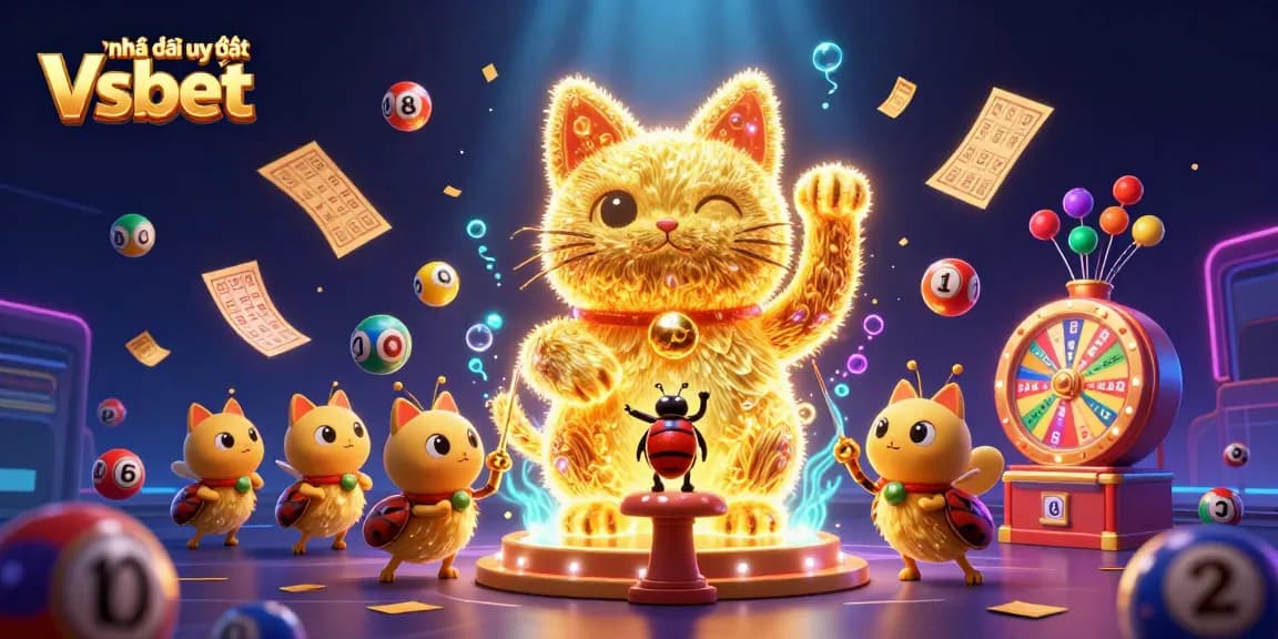Experience thrilling luck with Nhà cái uy tín Vsbet in this vibrant 3D illustration featuring a lucky cat and lottery elements.