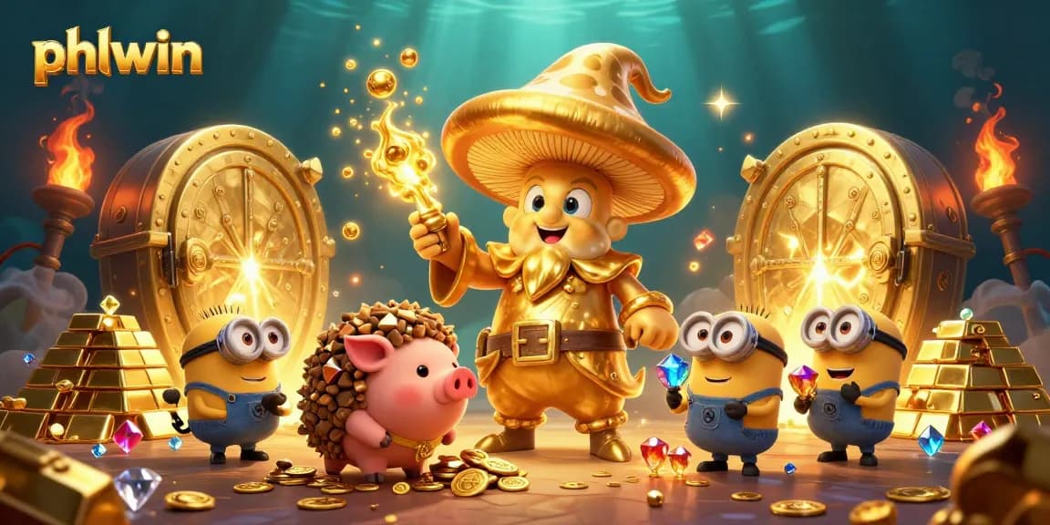 Experience the magic of phlwin with a captivating 3D illustration featuring golden treasures and enchanting characters.