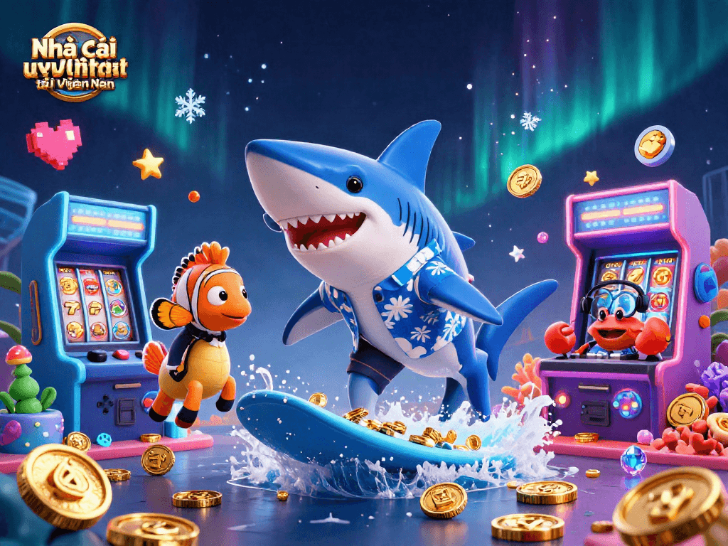 Engage with Nhà cái uy tín tại Việt Nam through a vibrant casino scene featuring playful characters and gaming elements.