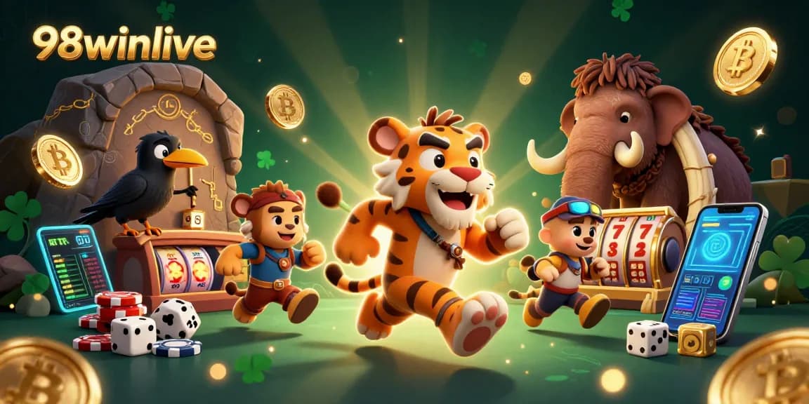 Experience the thrill of slots with 98winlive in a dynamic, illustrated casino scene immersed in crypto elements.