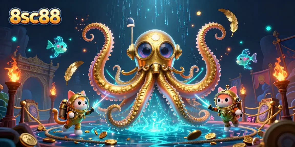 Experience winning thrills at 8sc88 as a colossal kraken and diving cat unravel treasures in this dynamic casino scene.