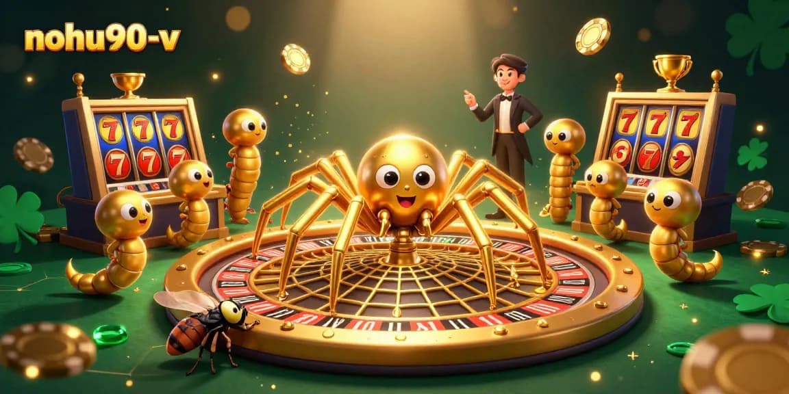 Experience thrilling gameplay at nohu90-v with a cartoon spider and flying slot elements in a vibrant casino scene.