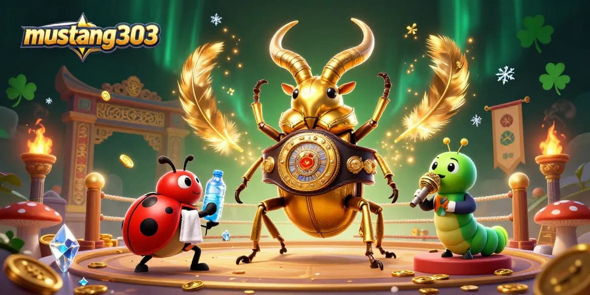 Experience excitement at mustang303 with a vibrant 3D casino battle featuring a giant stag beetle.