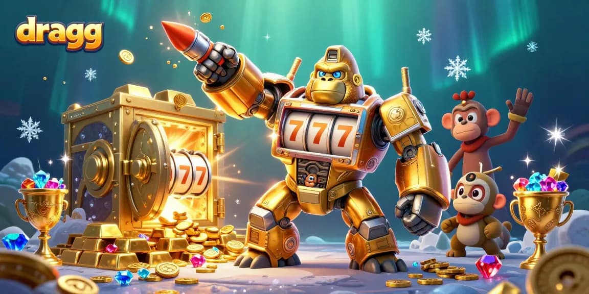 Engage with dragg's thrilling gambling adventure featuring a golden gorilla mech and treasure-filled background.