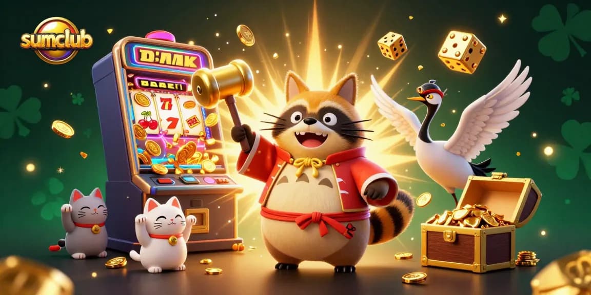 Experience the excitement of sumclub with a playful tanuki in a vibrant casino scene filled with lucky elements!