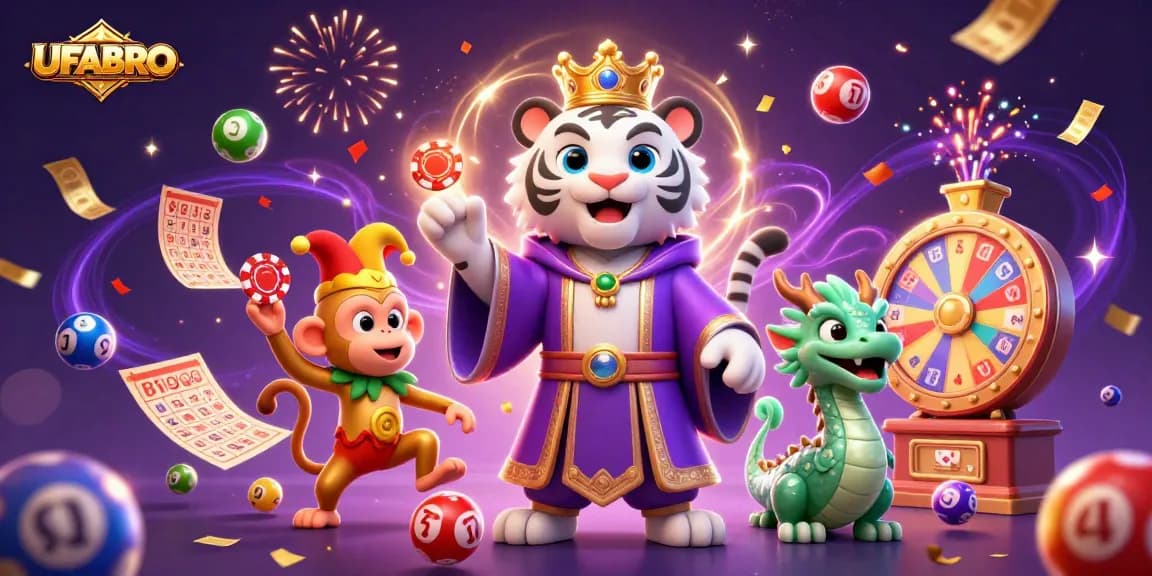 Experience the excitement of UFABRO with dynamic casino elements and characters celebrating victories.