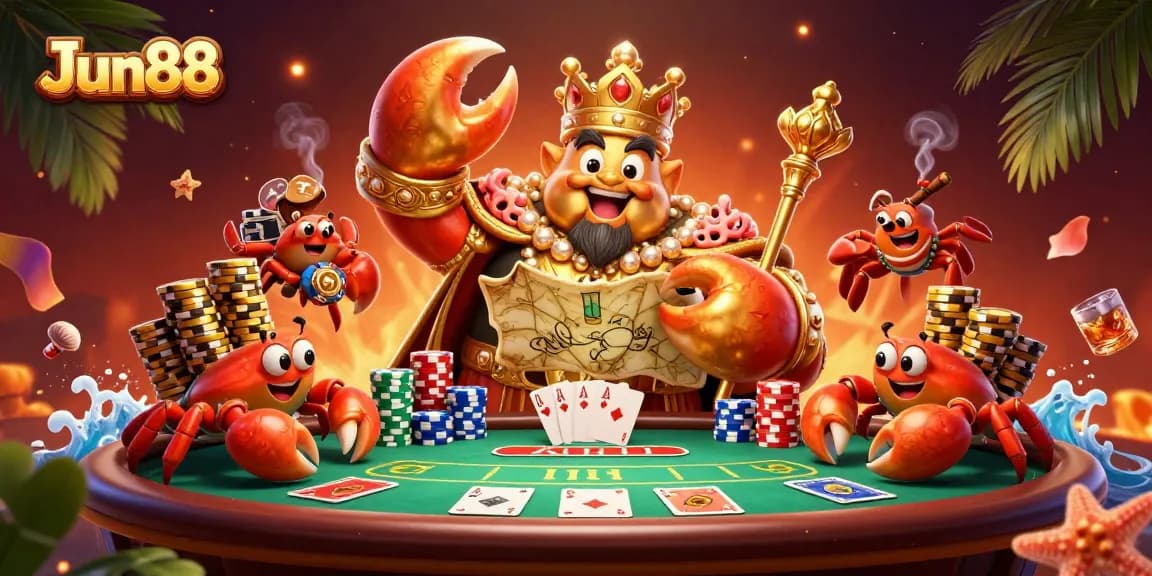 Engage with Jun88's thrilling gaming scene featuring a majestic crab emperor and poker excitement.