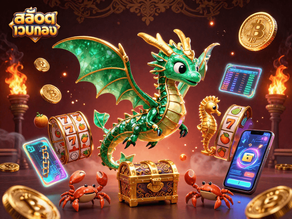 Engage in สล็อตเว็บตรง adventures with a magical sea dragon and vibrant slot elements amidst a crypto-rich scene.