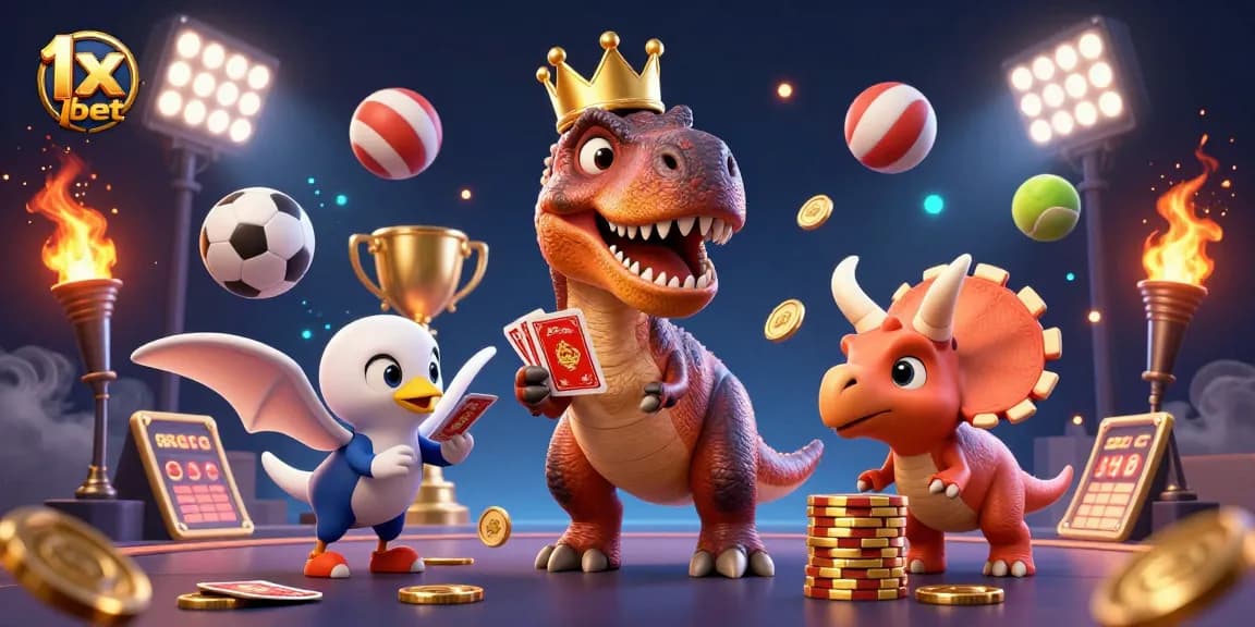 Experience thrilling 1x bet gameplay as a T-Rex plays cards and a baby triceratops stacks chips.