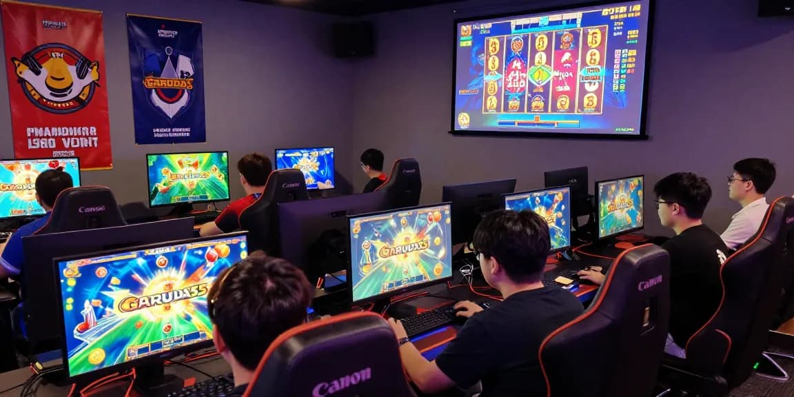 GARUDA55 gaming players excitedly engaging in online slots, showcasing a vibrant atmosphere.