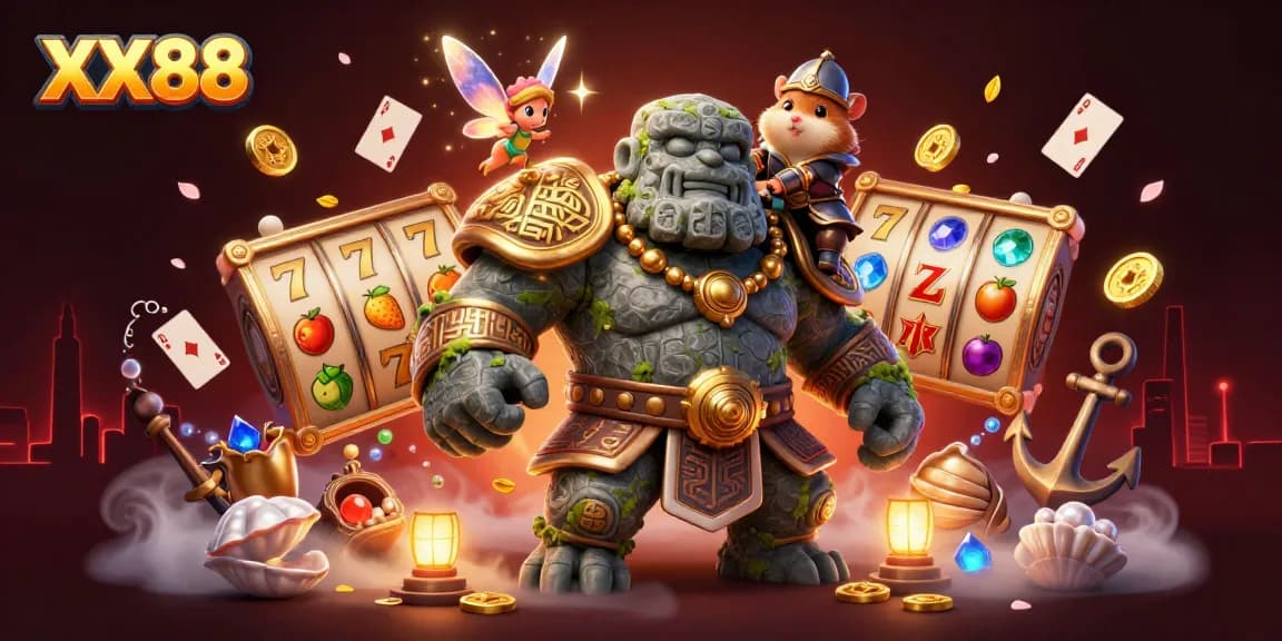 Experience exciting gameplay with XX88, featuring a lively 3D scene of a golem, fairy, and hamster knight in a casino adventure.