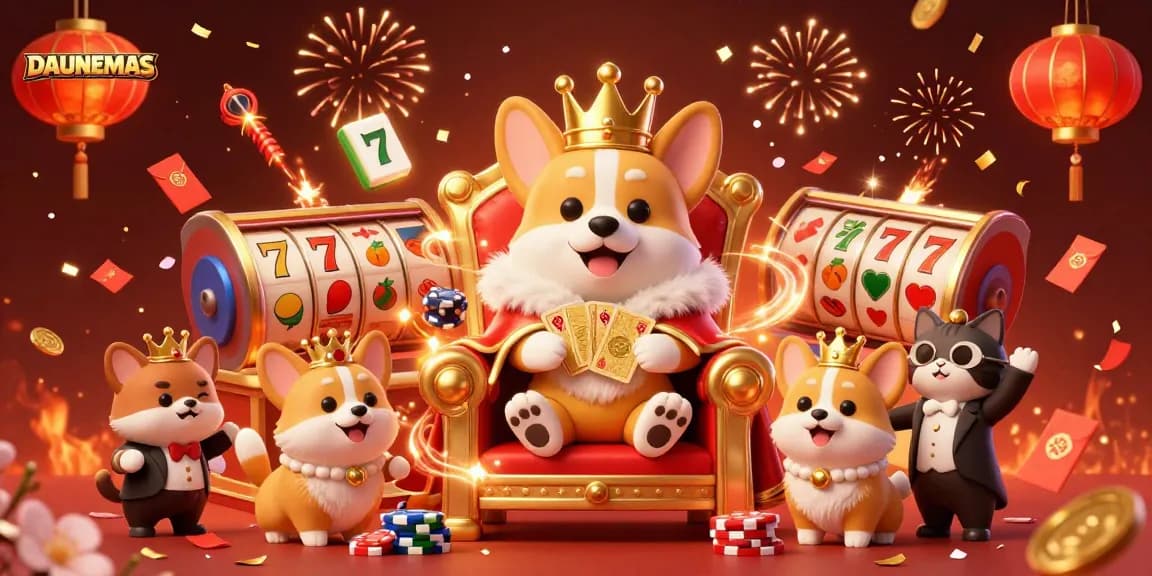 DAUNEMAS celebrates gaming with a royal corgi on poker chips amidst vibrant casino elements.