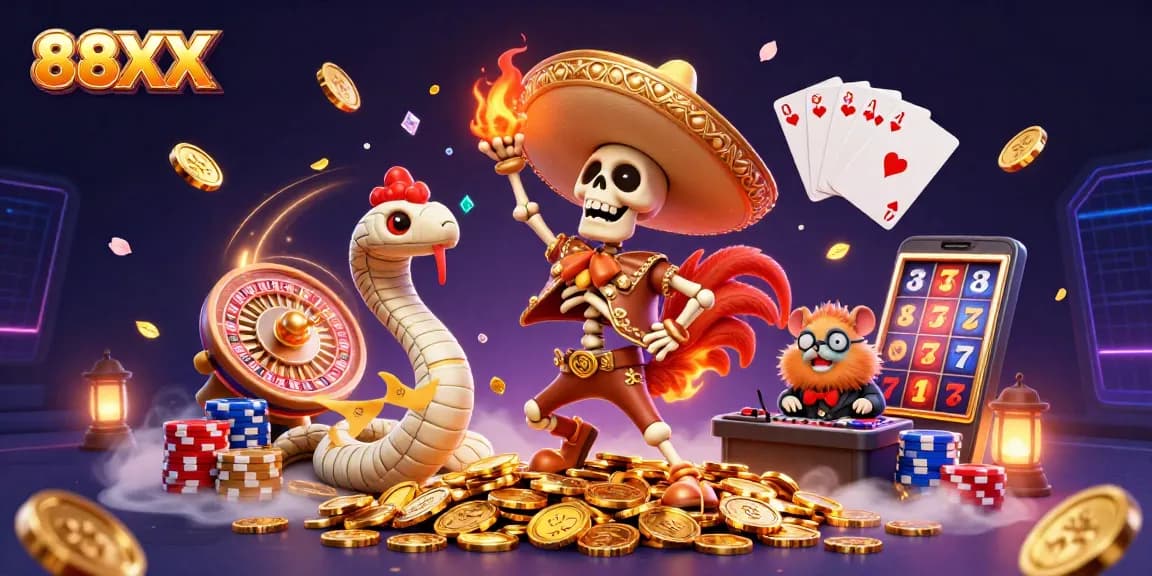 Experience the excitement of 88XX with a mariachi rooster dancing on golden coins surrounded by vibrant casino elements.