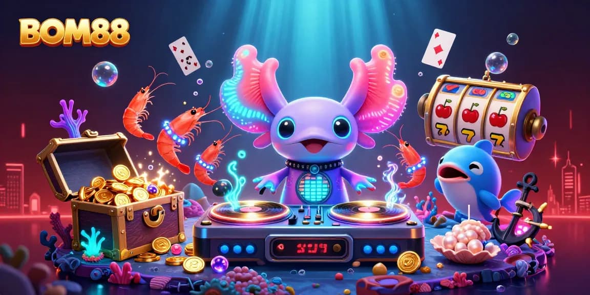 BOM88 players enjoying vibrant casino action in an ultra-detailed underwater scene with colorful characters and game elements.