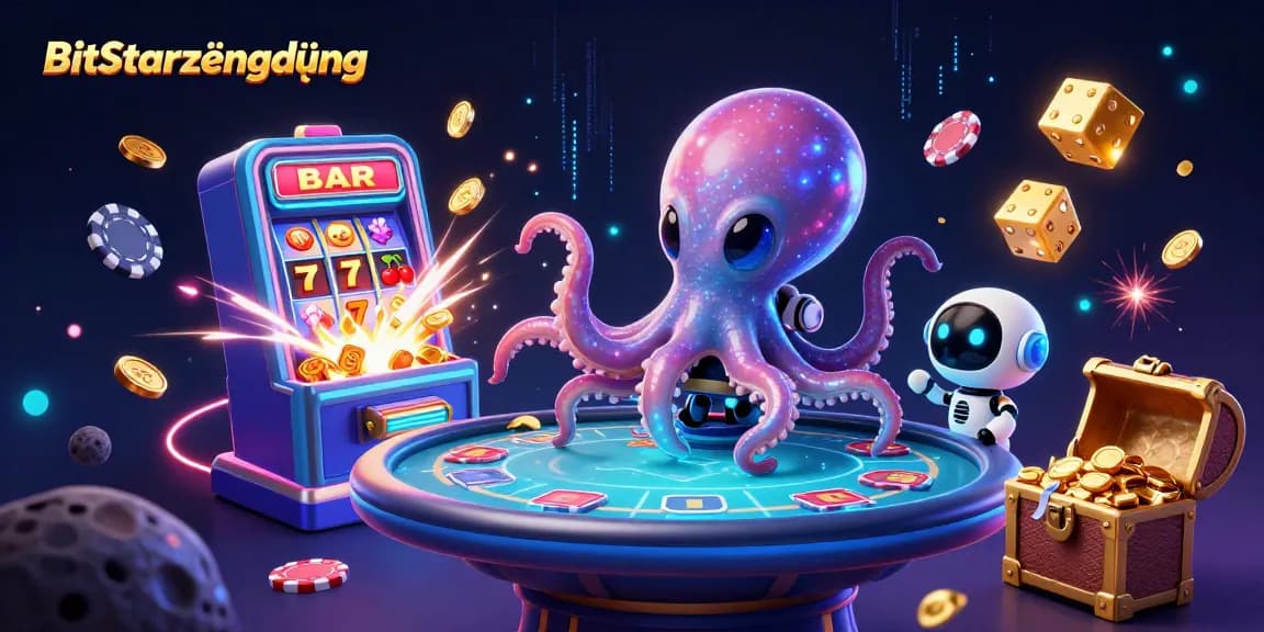Engage with BitStarzứngdụng, featuring a glowing alien octopus at a holographic poker table amidst a vibrant cosmic casino scene.