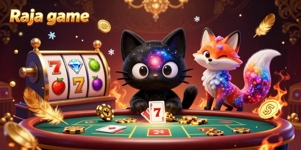 Engage with Raja game as a cosmic cat enthralls players with golden chips in a vibrant casino scene.