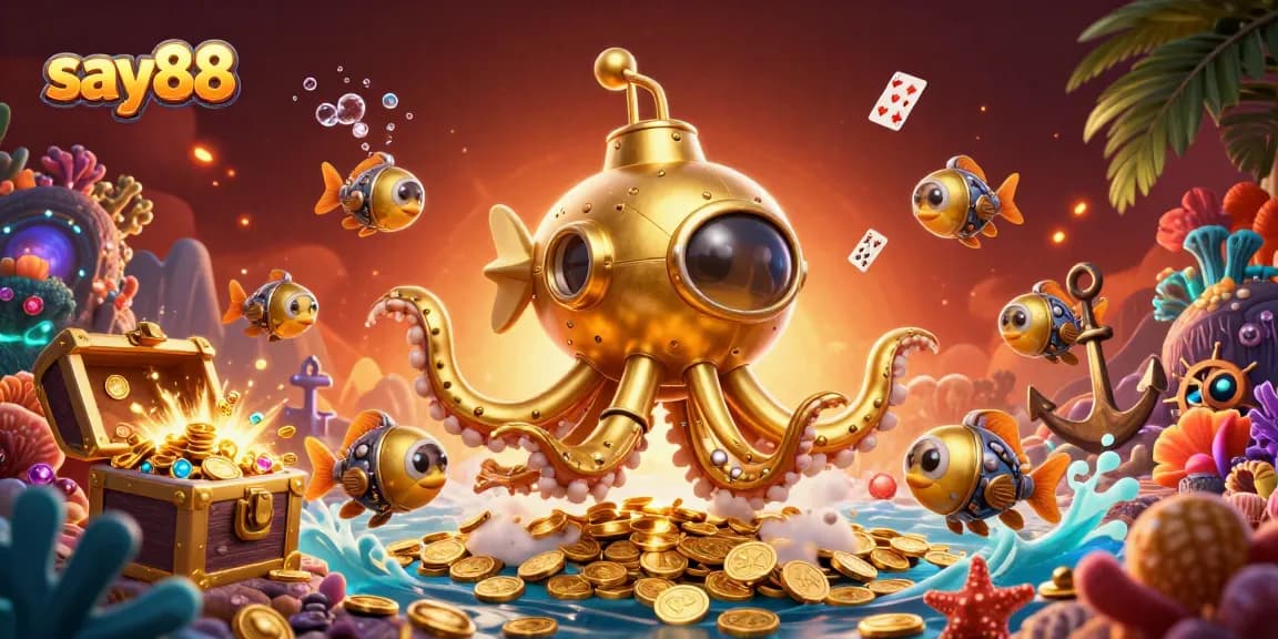 Experience winning spins with say88, featuring a vibrant scene of a golden kraken submarine and aquatic casino games.